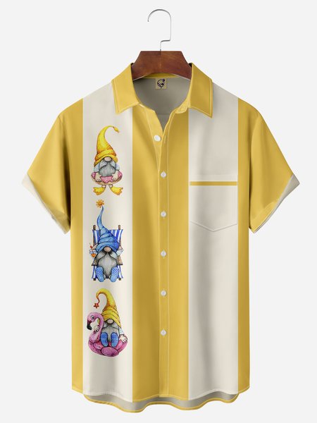 

Cocktail Gnomes Chest Pocket Short Sleeve Bowling Shirt, Yellow, Men Shirts
