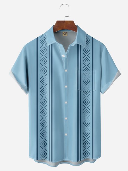 

Geometric Striped Chest Pocket Short Sleeve Bowling Shirt, Blue, Men Shirts
