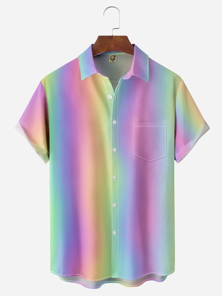 

Gradient Color Chest Pocket Short Sleeve Casual Shirt, Purplish red, Men Shirts