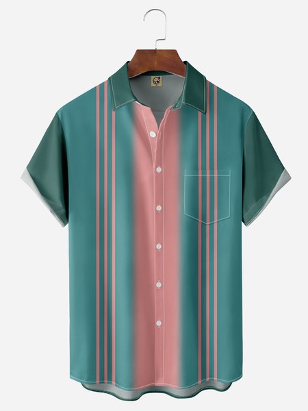 

Geometric Ombre Chest Pocket Short Sleeve Bowling Shirt, Cyan, Men Shirts