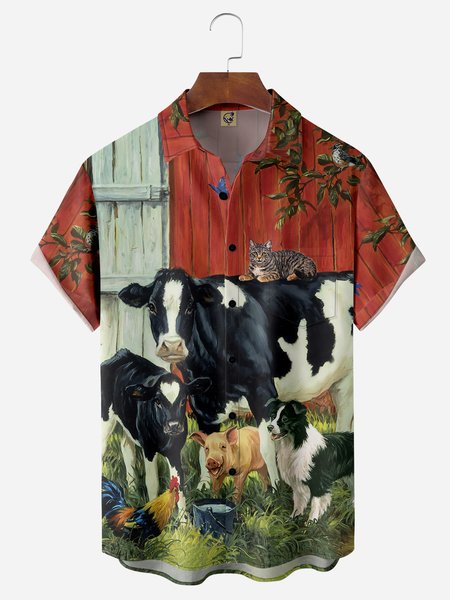 

Farm Dairy Cow Chest Pocket Short Sleeve Casual Shirt, Red, Men Shirts