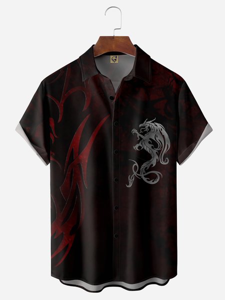 

Dragon Chest Pocket Short Sleeve Casual Shirt, Black, Men Shirts
