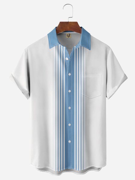 

Gradient Striped Chest Pocket Short Sleeve Bowling Shirt, Blue, Men Shirts