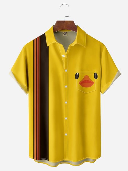 

Little Yellow Duck Chest Pocket Short Sleeve Bowling Shirt, Men Shirts