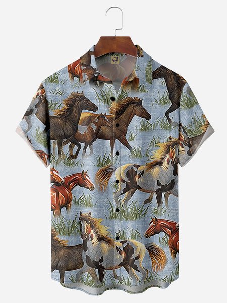 

Western Horse Chest Pocket Short Sleeve Casual Shirt, Blue, Men Shirts