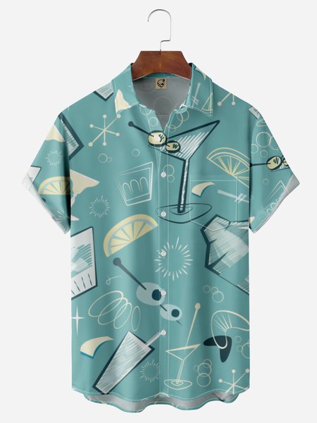 

Mid Century Geometry Chest Pocket Short Sleeve Hawaiian Shirt, Blue, Men Shirts
