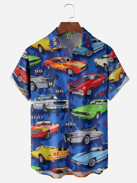 

Vintage Sports Car Chest Pocket Short Sleeve Casual Shirt, Blue, Men Shirts