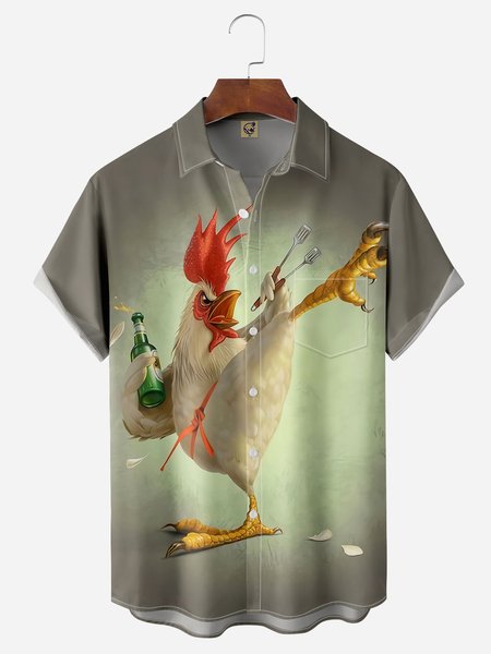 

Gongfu Rooster Chest Pocket Short Sleeve Casual Shirt, Gray, Men Shirts