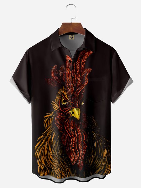 

Art Rooster Chest Pocket Short Sleeve Casual Shirt, Black, Men Shirts