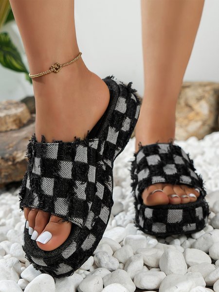 

Denim Plaid Fringe Decor Platform Slide Sandals, Black, Sandals