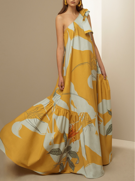 

Elegant Floral One Shoulder Party Dress, Yellow, Maxi Dresses