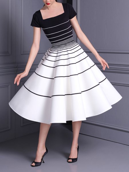 

Square Neck Elegant Striped Midi Dress, Black-white, Midi Dresses