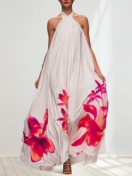 

Floral Casual Halter No Elasticity Dress, As picture, Maxi Dresses