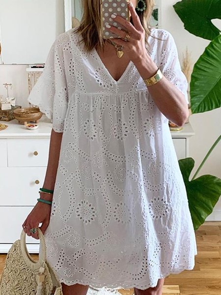 

Loose Vacation Plain Cotton Dress, White, Mini Dresses