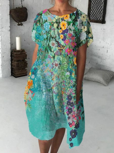 

Loose Vacation Crew Neck Floral Dress, Green, Dresses