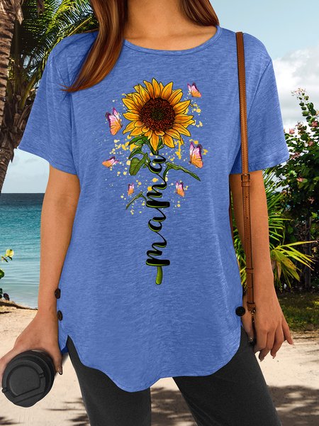 

Women’s Sunflower Butterflies Mama Casual Loose Cotton-Blend T-Shirt, Blue, T-shirts