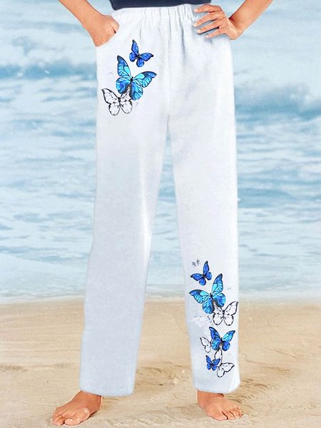 

Butterfly Loose Casual Linen Pants, White, Pants