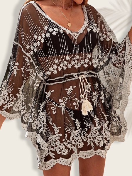 

Casual Plain V Neck Coverup, Black, Coverups
