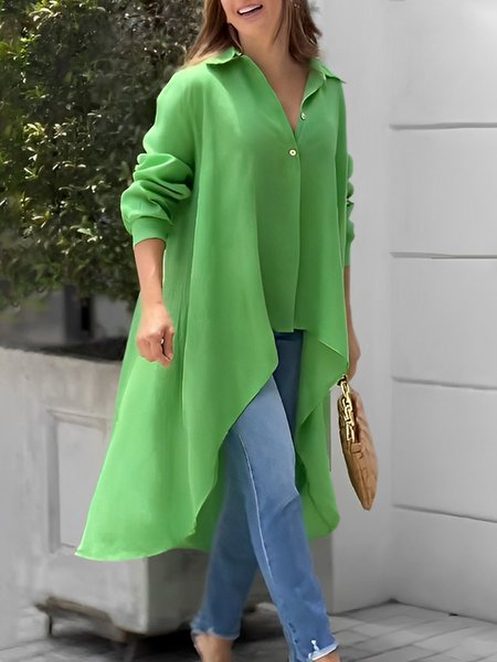 

Loose Casual Shirt Collar Plain Long Sleeve Blouse, Green, Blouses and Shirts