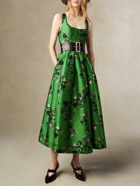 

Midi Elegant Square Neck Regular Fit Dress, Green, Maxi Dresses