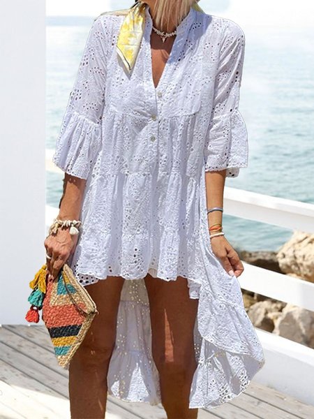 

Vacation Cotton V Neck Dress, White, Dresses