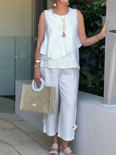 

Irregular Craftsmanship Crew Neck Linen Two-Piece Set, White, Suits