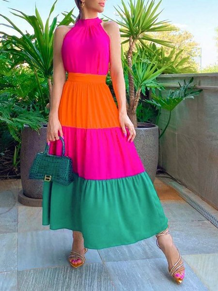 

Vacation Color Block Regular Fit Halter Dress, Rose red, Maxi Dresses