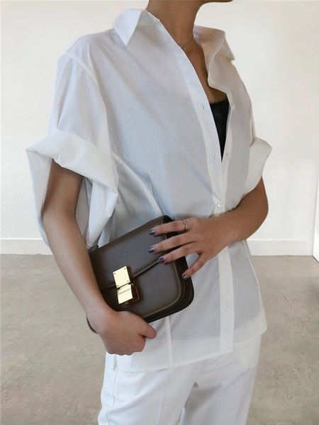

Shirt Collar Loose Urban Plain Blouse, White, Blouses and Shirts