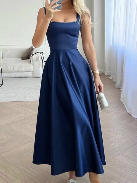 

Elegant Satin Square Neck Regular Fit Dress, Blue, Maxi Dresses