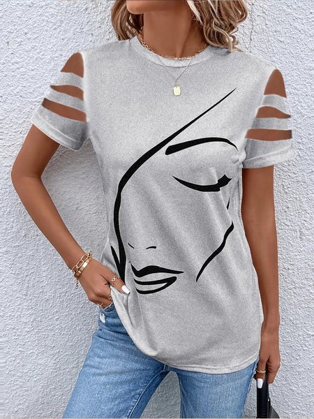 

Crew Neck Random Print Casual Loose T-Shirt, Gray, T-Shirts