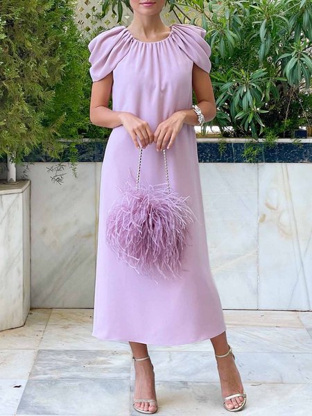

Puff Sleeve Crew Neck Elegant Plain Dress, Light purple, Maxi Dresses