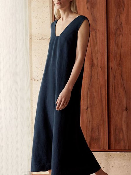 

Casual Loose Plain Square Neck Dress, Deep blue, Maxi Dresses