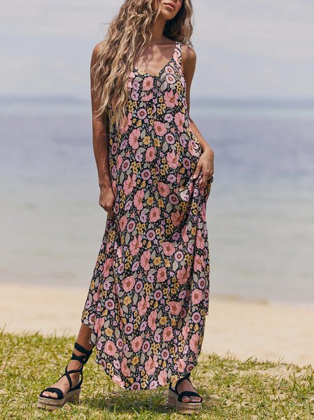 

V Neck Loose Knitted Boho Dress, As picture, Dresses