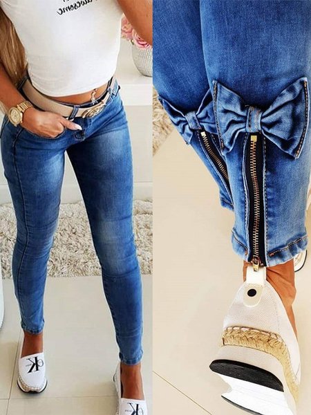 

Regular Fit Bow Casual Plain Jeans, Blue, Jeans