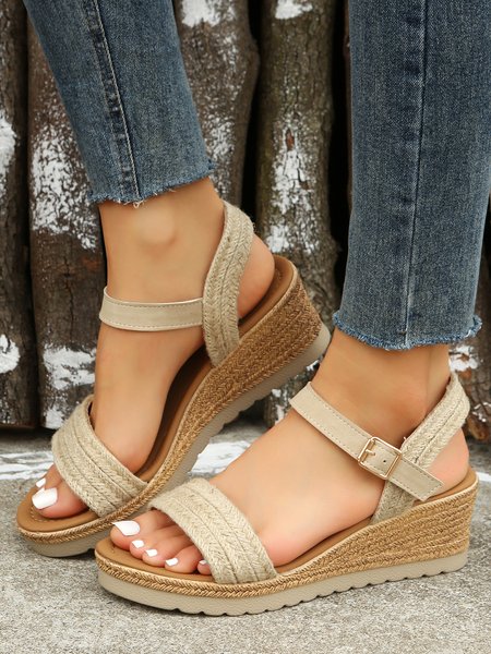 

Vacation Braided Straw Wedge Sandals, Apricot, Sandals