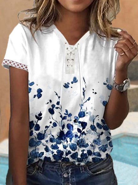 V Neck Casual Floral T Shirt