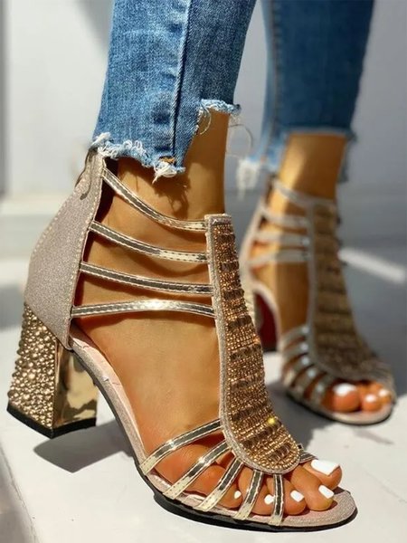 

Rhinestone Studded Multi-Strap Chunky Heel Sandals with Back Zip, Golden, Sandals