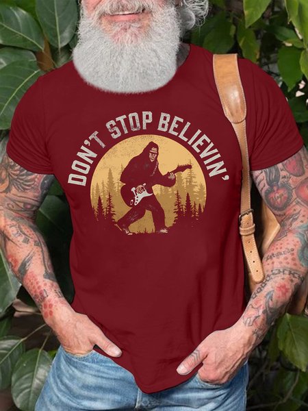 Men's Don't Stop Believin Funny Bigfoot Guitar Graphic Printing Cotton Casual Text Letters Crew Neck T-Shirt, Red, T-shirts