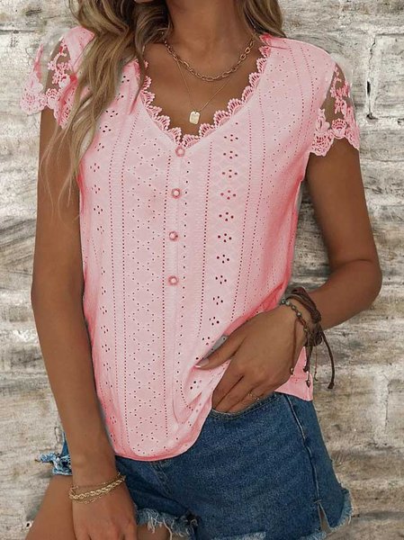 

Loose V Neck Lace Button Plain Casual T-Shirt, Pink, Tees & T-shirts
