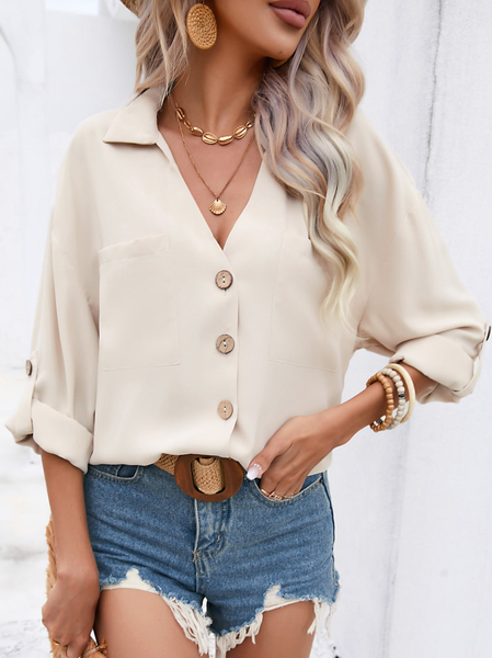 

Plain Shirt Collar Loose Simple Blouse, Apricot, Shirts & Blouses