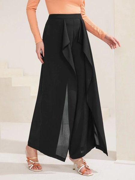 

Casual Plain Loose Chiffon Pants, Black, Pants