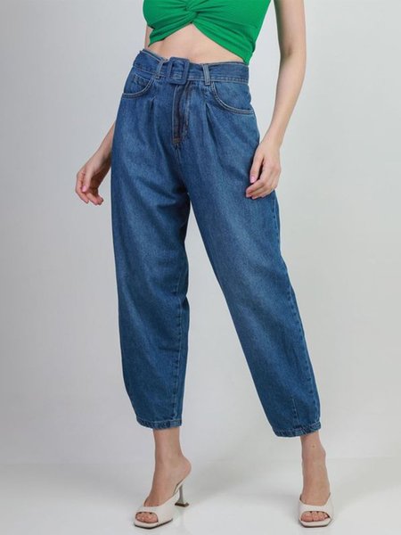 

Loose Casual Plain Denim Ankle Jeans, Blue, Jeans