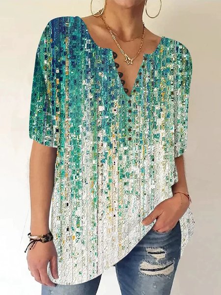 

Loose Ombre Casual V Neck Shirt, Green, Shirts & Blouses