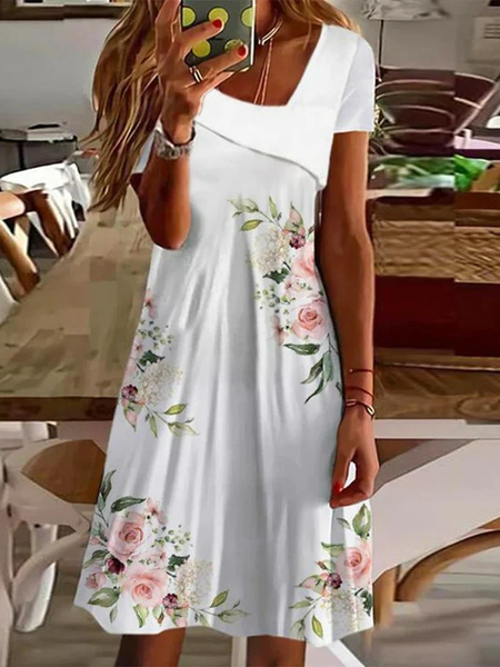 

Floral Loose Asymmetrical Casual Dress, White, Dresses