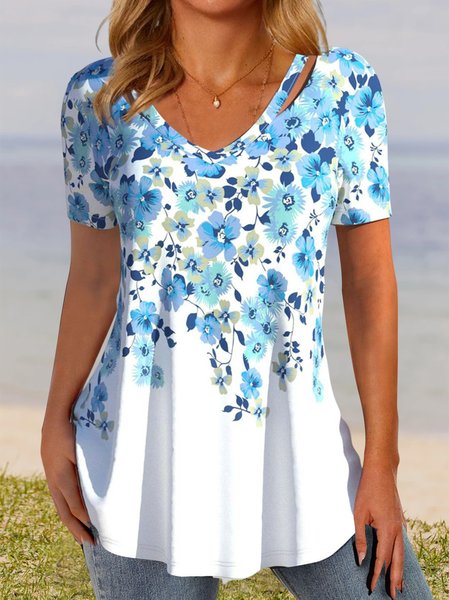 

Casual Floral V Neck T-Shirt, Blue, T-Shirts