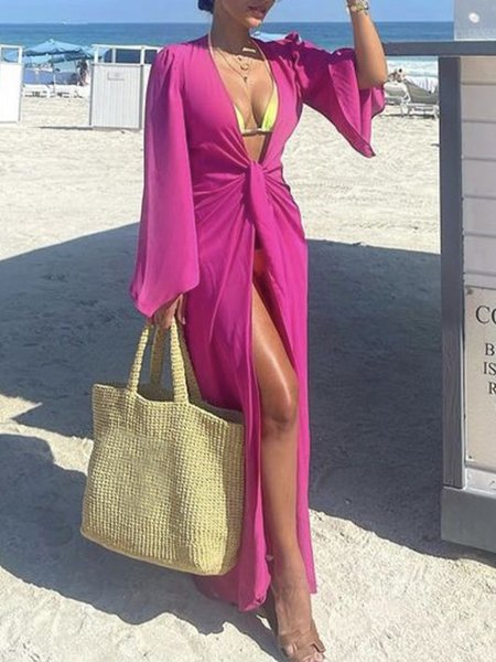 

Plain Regular Fit Vacation Long Sleeve Kimono, Rose red, Others
