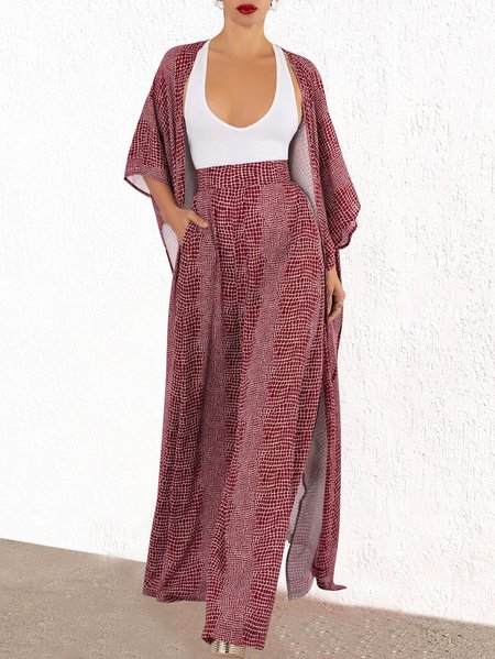 

Geometric Print Loose Vacation Kimono, Red, Kimonos