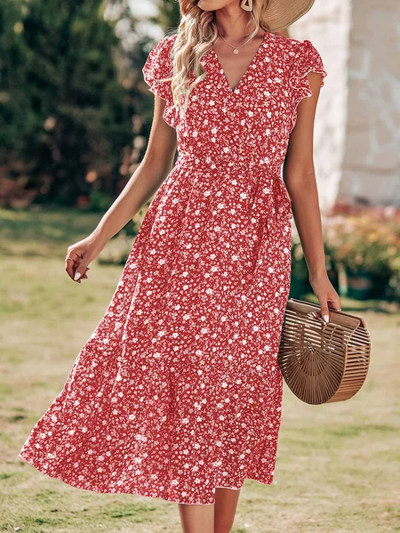 

Cross Neck Loose Floral Casual Dress, Red, Dresses