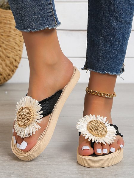 

Vacation Beige Sunflower Beach Flip-Flops, Black, Sandals