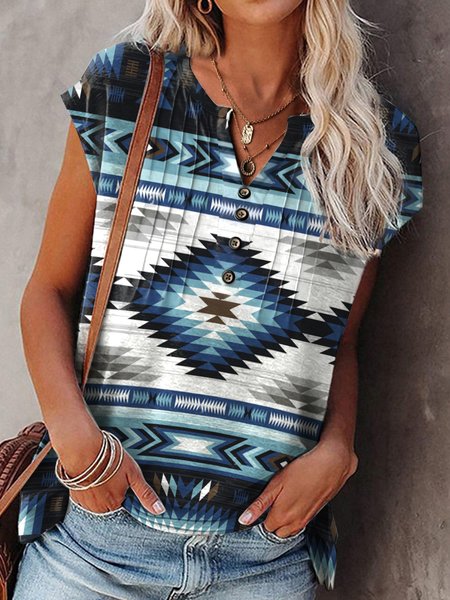 

Causal Buckle Ethnic Notched Shirt, Blue, Shirts & Blouses